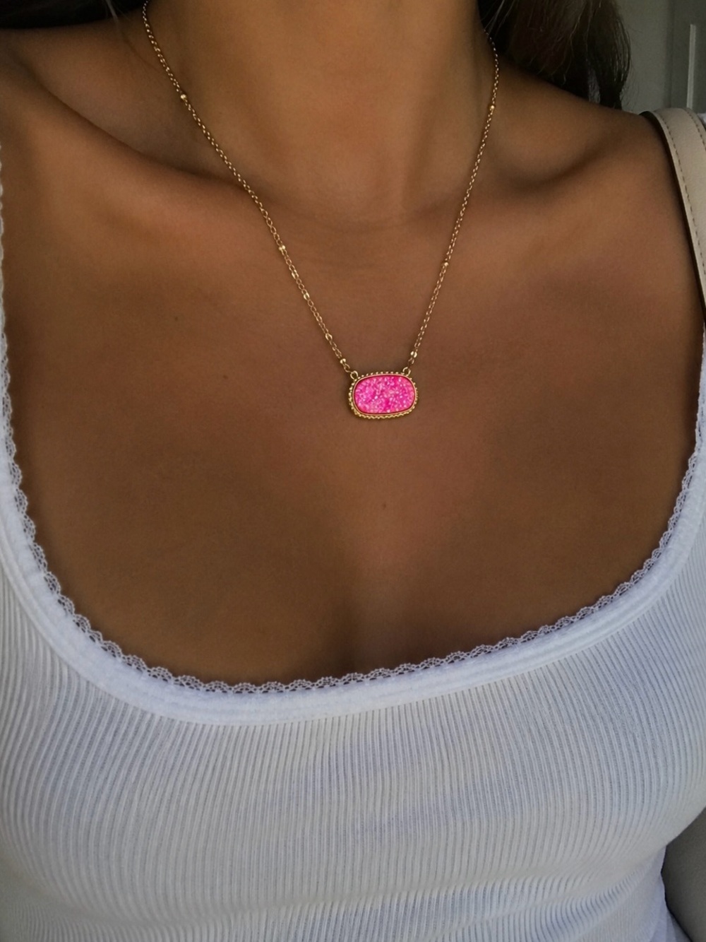 Gold Chain Necklace with Hot Pink Druzy Pendant - Women Jewelry